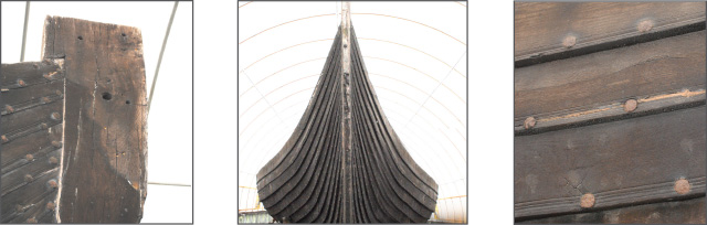 The viking ship. Left: The ship bears marks from where its dragon head once sat. Center: Front view of the boat. Right: The individual strakes of the boat are held together with rusted rivets. (Chris Linden photo)