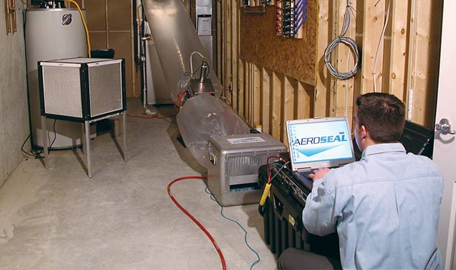 Aeroseal’s technology blows a water-based vinyl polymer through the ductwork to plug up leaks. The award-winning technology helps heating and cooling systems to work more efficiently.
