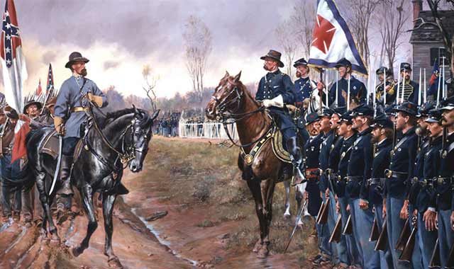 “The Last Salute,” by contemporary artist Don Troiani, depicts the moment when Maj. Gen. Joshua Chamberlain prepares his men to salute Confederate soldiers as they surrender their battle flags at Appomattox.