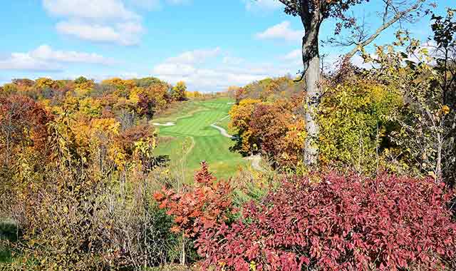 The No. 17 hole on Eagle Ridge Resort’s The General Course, in Galena, has multiple tee boxes that offer different angles to a narrow fairway.