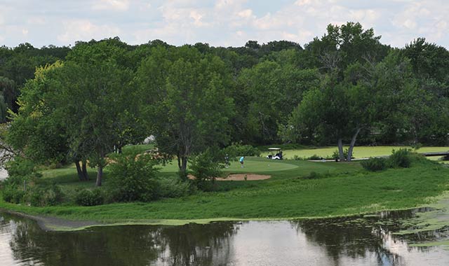 The No. 3 hole at Pottawatomie Golf Course, in St. Charles, has an island green that leaves little room for error.